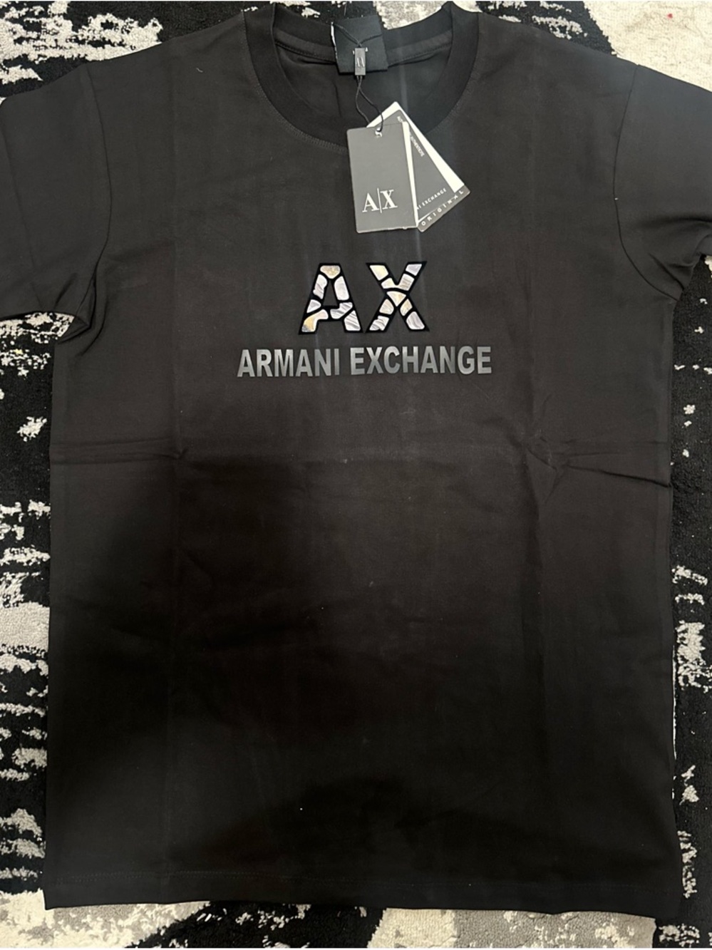 Armani Exchange Black Short-Sleeve Tee with Patterned AX Logo
